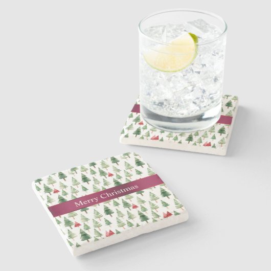 緑の赤いメリークリスマスツリー ストーンコースター (横)