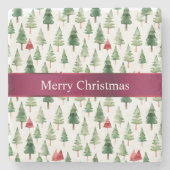 緑の赤いメリークリスマスツリー ストーンコースター (正面)