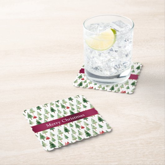 緑の赤いメリークリスマスツリー ペーパーコースター (インサイチュ)