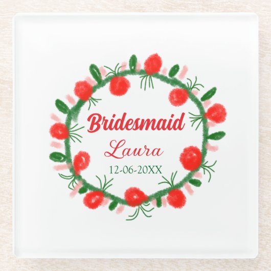 緑の赤いリースcir名前bridesmaid gift yearを追加 ガラスコースター (正面)