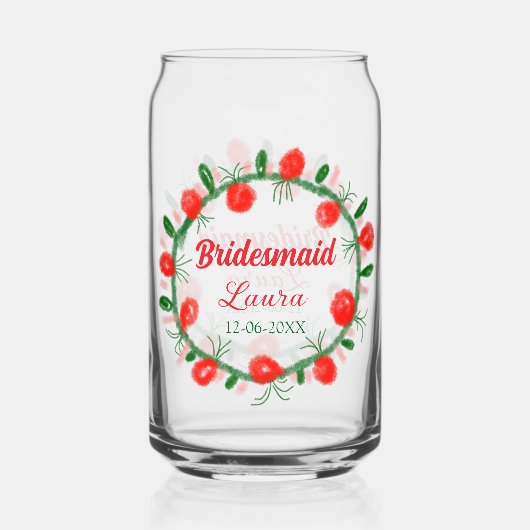 緑の赤いリースcir名前bridesmaid gift yearを追加 ガラス缶 (正面)