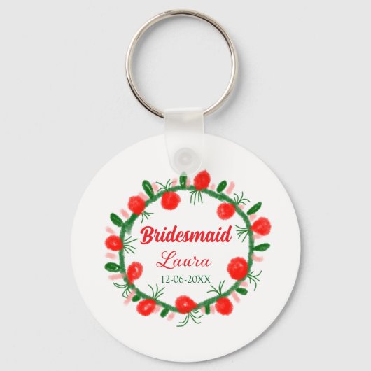 緑の赤いリースcir名前bridesmaid gift yearを追加 キーホルダー (正面)