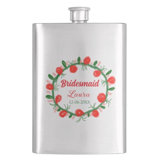 緑の赤いリースcir名前bridesmaid gift yearを追加 フラスク (正面)
