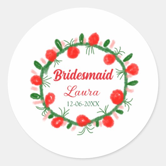 緑の赤いリースcir名前bridesmaid gift yearを追加 ラウンドシール (正面)