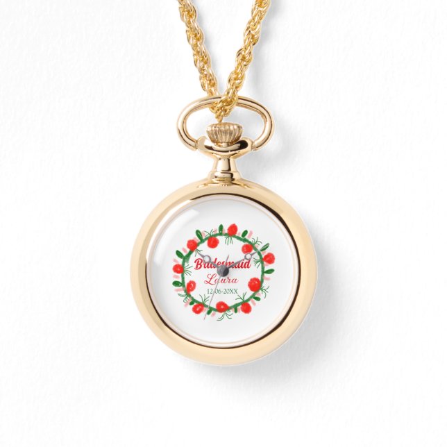 緑の赤いリースcir名前bridesmaid gift yearを追加 腕時計 (正面)