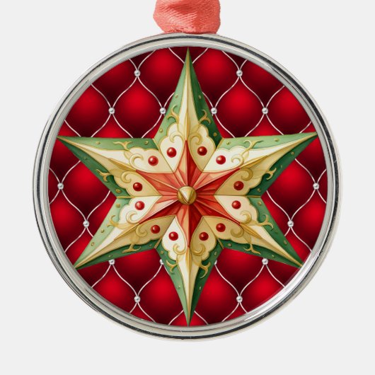 緑の赤い星を持つ赤いクリスマスタフテッドパターン メタルオーナメント (正面)
