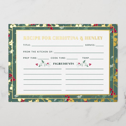 緑の赤い果実の季節のレシピカード 箔招待状 (正面)