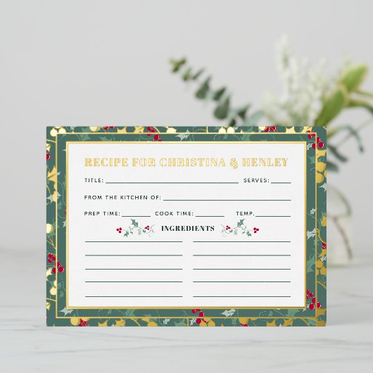 緑の赤い果実の季節のレシピカード 箔招待状 (立ち正面)