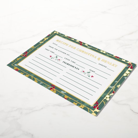 緑の赤い果実の季節のレシピカード 箔招待状 (回転した状態)
