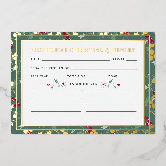 緑の赤い果実の季節のレシピカードv2 箔招待状 (正面)