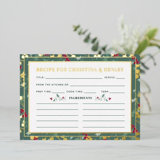 緑の赤い果実の季節のレシピカードv2 箔招待状 (立ち正面)