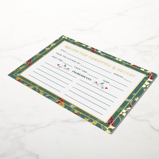 緑の赤い果実の季節のレシピカードv2 箔招待状 (回転した状態)
