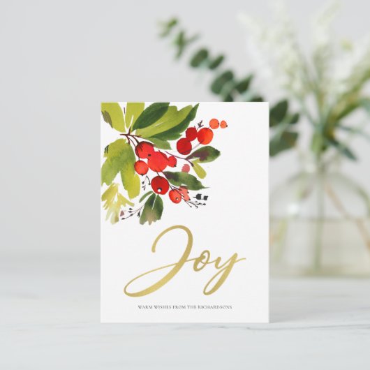 緑の赤い果実の水の色クリスマスの喜び シーズンポストカード (スタンド正面)