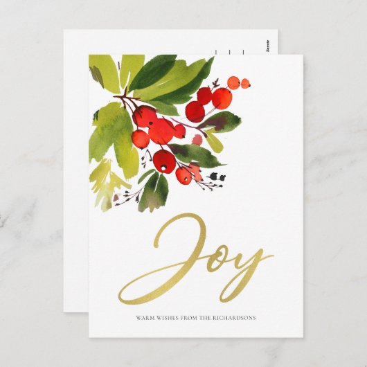 緑の赤い果実の水の色クリスマスの喜び シーズンポストカード (正面/裏面)