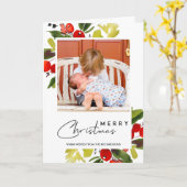 緑の赤い果実の水の色メリークリスマスフォト カード (黄色い花)