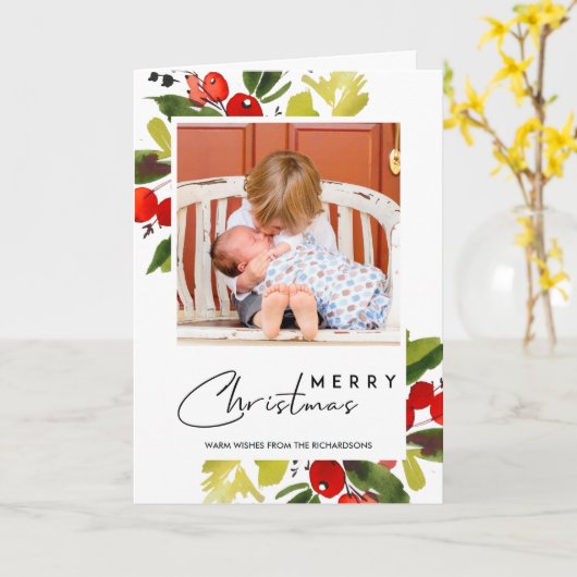 緑の赤い果実の水の色メリークリスマスフォト カード (黄色い花)