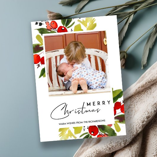 緑の赤い果実の水の色メリークリスマスフォト シーズンカード