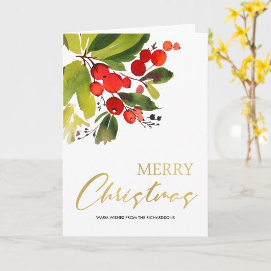緑の赤い果実の水の色メリークリスマス カード (黄色い花)