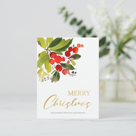 緑の赤い果実の水の色メリークリスマス シーズンポストカード (スタンド正面)