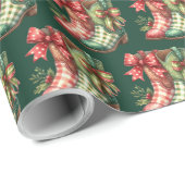 緑の赤い格子柄のカウボーイブーツウェスタンクリスマス ラッピングペーパー (ロールコーナー)