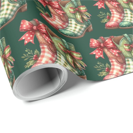 緑の赤い格子柄のカウボーイブーツウェスタンクリスマス ラッピングペーパー (ロールコーナー)