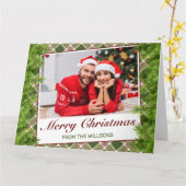 緑の赤い格子模様と松の写真クリスマスグリーティング カード (黄色い花)