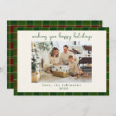 緑の赤い格子模様のカスタム写真クリスマス シーズンカード (正面/裏面)