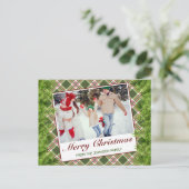 緑の赤い格子模様の写真メリークリスマスグリーティング 案内ポストカード (スタンド正面)