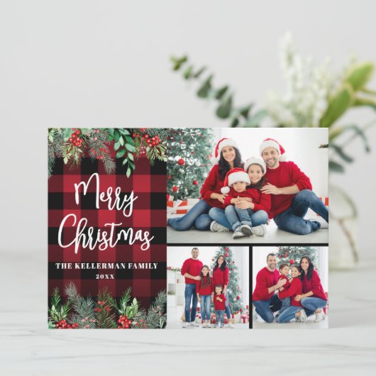 緑の赤い格子模様の写真メリークリスマス シーズンカード (スタンド正面)