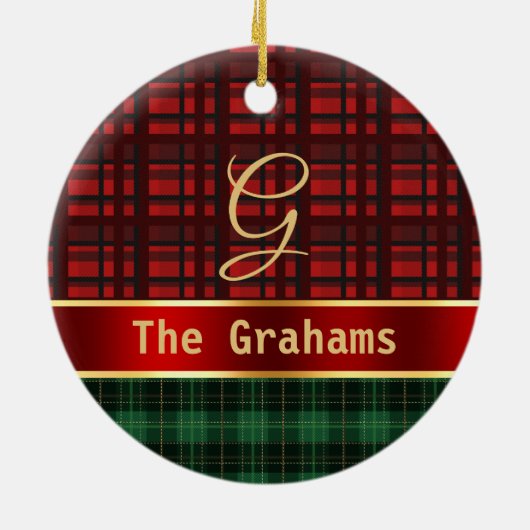 緑の赤い格子縞とリボン(名前とイニシャル) セラミックオーナメント (裏面)