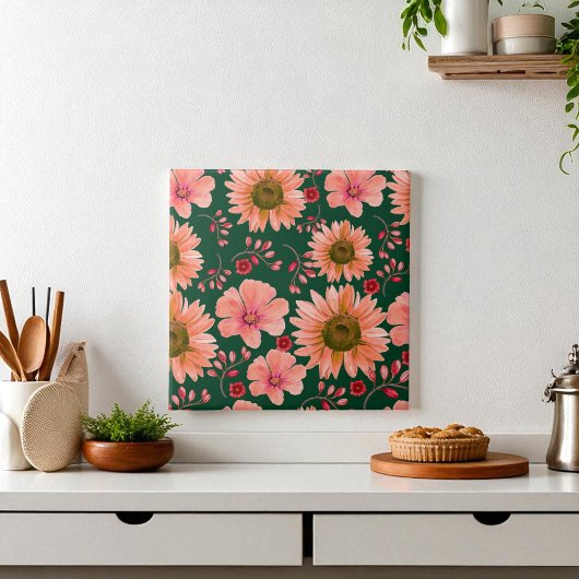 緑の赤い水色のフローラ タイル