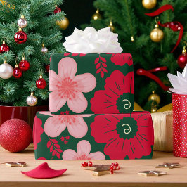 緑の赤い水色のフローラ ラッピングペーパー