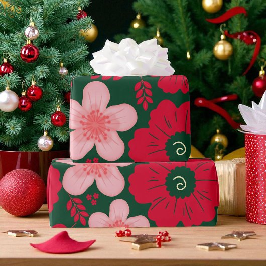 緑の赤い水色のフローラ ラッピングペーパー