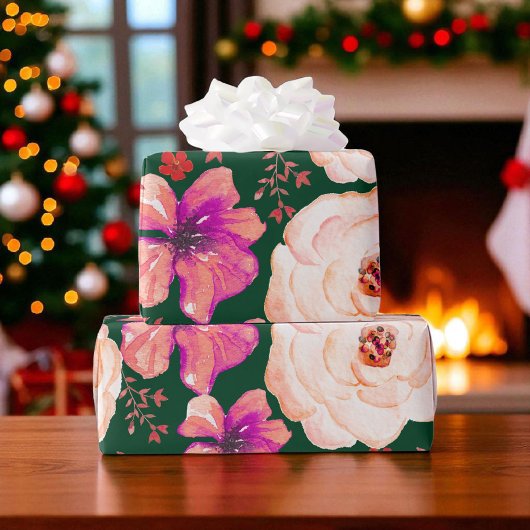 緑の赤い水色のフローラ ラッピングペーパー