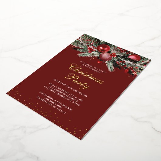 緑の赤い輝く金ゴールドの葉クリスマスパーティー 箔招待状 (回転した状態)