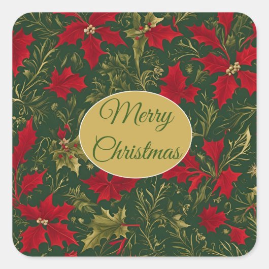 緑の赤い金ゴールド、ホリーとアマリリスクリスマス スクエアシール