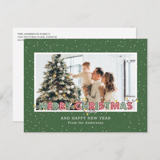 緑の赤い雪のクリスマスライト写真 シーズンポストカード (正面/裏面)