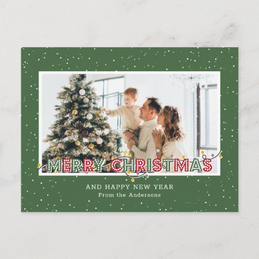 緑の赤い雪のクリスマスライト写真 シーズンポストカード (正面)