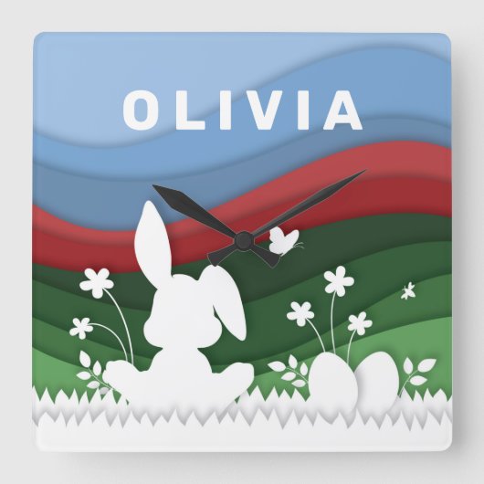 緑の赤い青い波 スクエア壁時計 (正面)