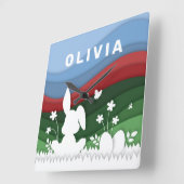 緑の赤い青い波 スクエア壁時計 (傾斜)