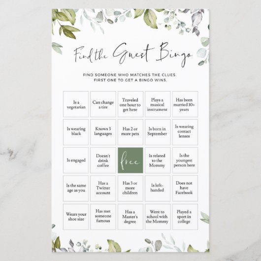 緑の赤ちゃんシャワーのゲームを見つけるゲストビンゴ (正面)