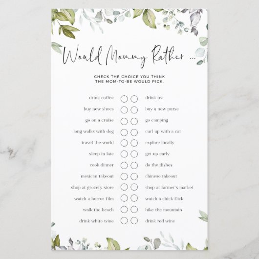 緑の赤ちゃんシャワーのゲーム – ママはむしろ? (正面)