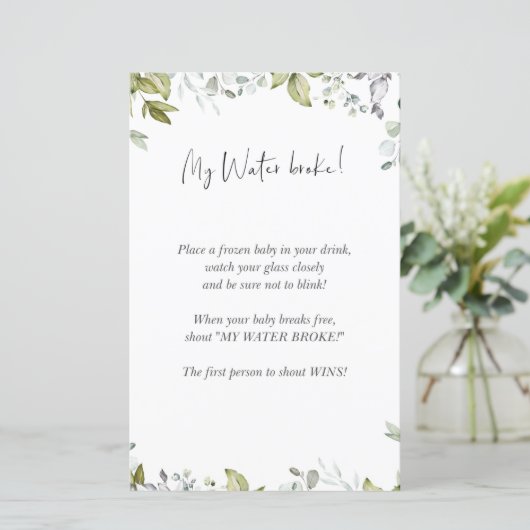 緑の赤ちゃんシャワーのミニサイン – 私の水が壊れた！ (スタンド正面)