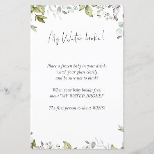 緑の赤ちゃんシャワーのミニサイン – 私の水が壊れた! (正面)