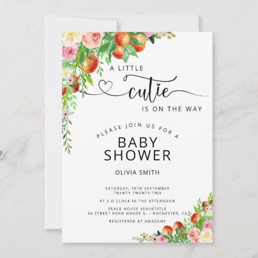 緑の赤ちゃんシャワーの途中の小さなかわいこちゃん  招待状 (正面)