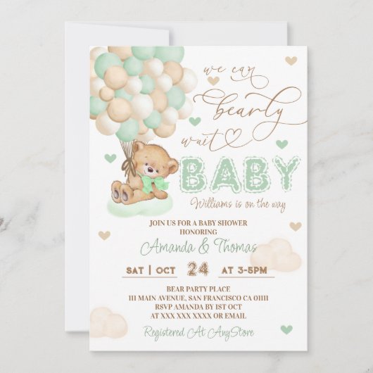 緑の赤ちゃんシャワーを待つことができる 招待状 (正面)