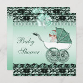 緑の赤ちゃんシャワーを浴びたかわいい女の子 招待状 (正面/裏面)