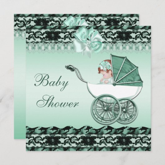 緑の赤ちゃんシャワーを浴びたかわいい女の子 招待状 (正面/裏面)