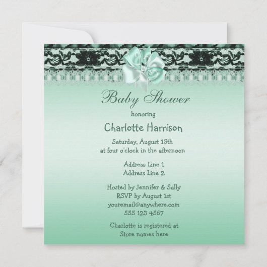 緑の赤ちゃんシャワーを浴びたかわいい女の子 招待状 (裏面)