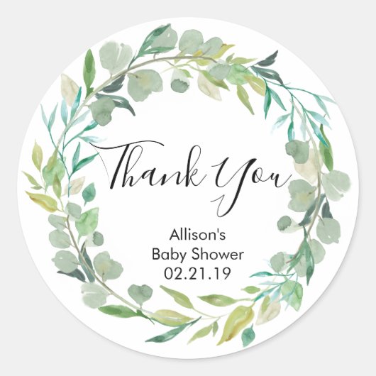 緑の赤ちゃんシャワーステッカー、緑葉の ラウンドシール (正面)